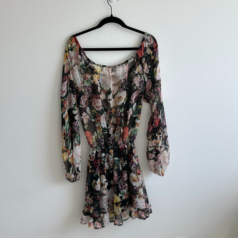 Show Me Your Mumu Flower Print Mini Dress with Ruffle Hem Sz M Black Color